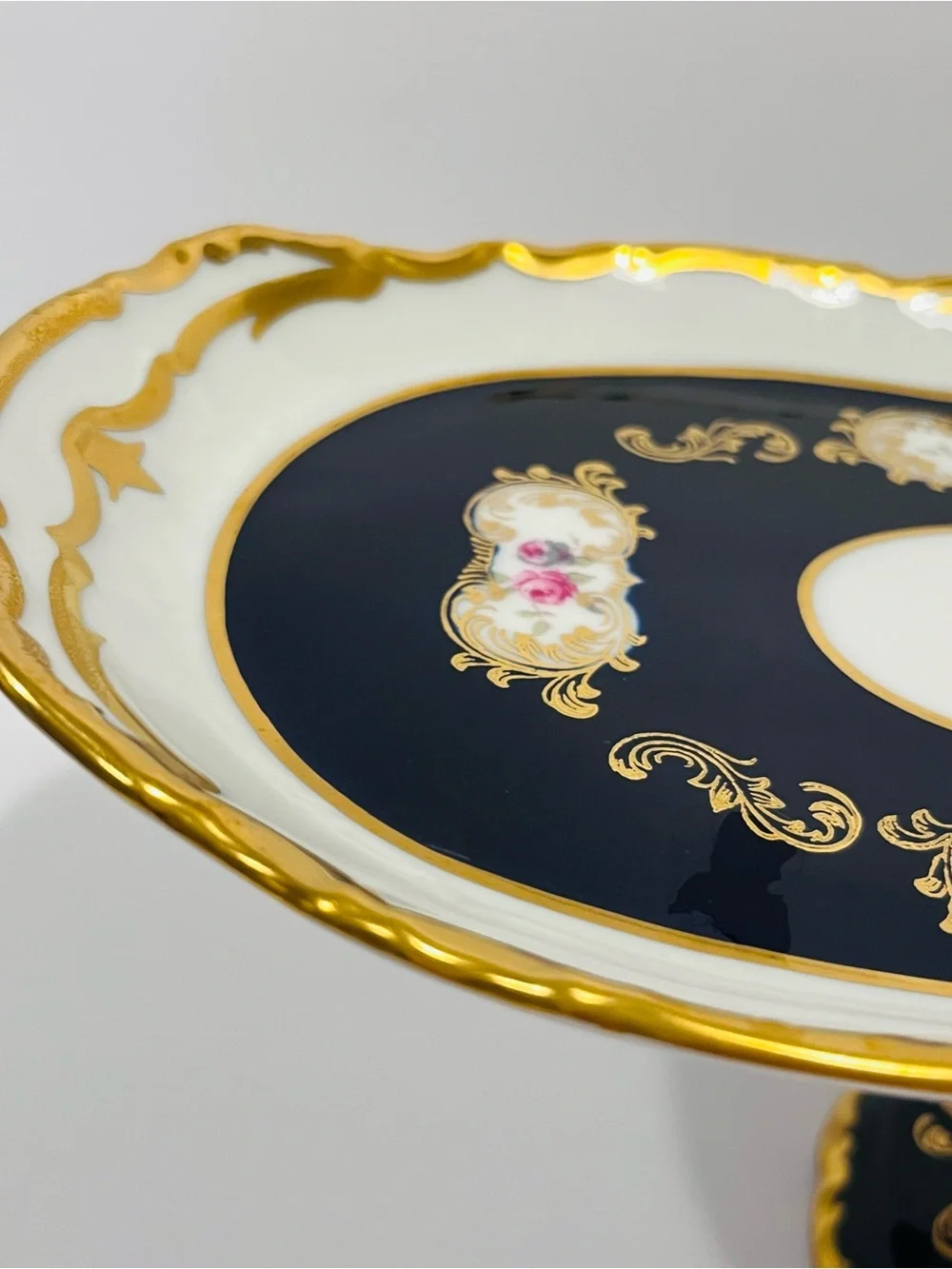 Vtg REICHENBACH Germany Echted Cobalt Baroque & 24K Gold Trim Pedestal Tray